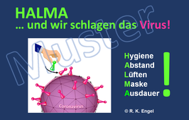 Plakat zu Corona-Reglen: "HALMA - Wir schlagen das Virus" auf dunkelblauem Hintergrund, Farbdruck