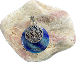 Lapislazuli blau gemustert Donut, Schmuck Anhänger mit silberfarbiger ,Blume des Lebens' und silberfarbiger Anhänge Öse, Größe 40 x 28 mm einschließlich Öse - ohne Deko