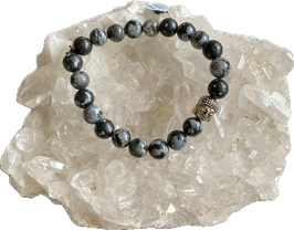 Obsidian Schneeflockenobsidian Kugel Armband, 8 mm Kugeln, silberfarbige Spacer, 19 cm elastisch Stretchband - ohne Deko
