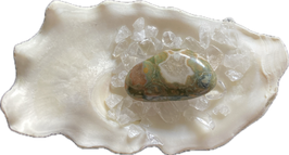 Rhyolith (Augenjaspis), grün weiß orange gemustert, Trommelstein, Größe 30 x 17 mm - ohne Deko