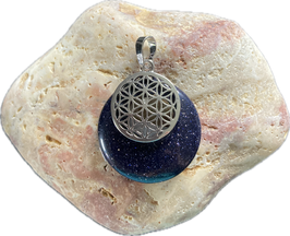 Goldfluss blau Blaufluss, mit silberfarbiger ,Blume des Lebens', Donut Anhänger, Größe 40 x 30 mm einschließlich silberfarbiger Öse - ohne Deko