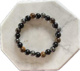 Hämatit Obsidian Tigerauge Armband, 8 mm Kugeln, 19 cm lang, elastisches Stretchband - ohne Deko