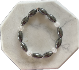 Hämatit Bergkristall Armband, 15 x 5 mm Walzen und 8 mm Kugeln, 19 cm lang, elastisches Stretchband - ohne Deko