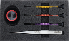 Horotec 98.017 - Tool Kit Basico - 3 Cacciaviti in Alluminio, 1 Lente di Plastica 2,5X, 1 Pinzetta n.1 con Mousse - Swiss Made