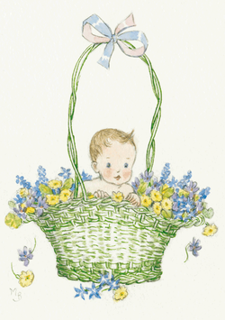 PCE 060 BABY IN A GREEN BASKET OF FLOWERS