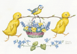PCE 129 TWO DUCKLINGS AND BLUE TIT WITH BASKET OF FLOWER
