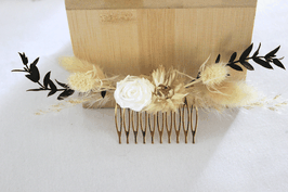 Barrette de fleurs séchées et stabilisées pour cheveux - blanc/crème/vert