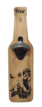 Wandflaschenöffner „Pin-up Schwarzwald“ mit Magnet – handgemacht aus Upcycling-Holz