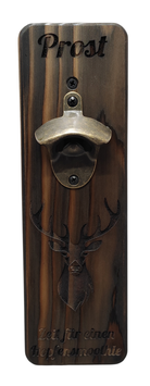 Rustikaler Wandflaschenöffner aus Holz mit Hirschkopf