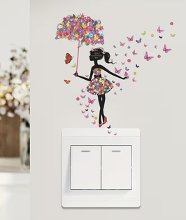 Wandsticker „Fee mit Regenschirm“ – zauberhafte Deko mit Schmetterlingen & Blumen. Selbstklebend, leicht anzubringen Schweiz Lichtschalter