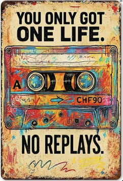 You only got one life - no replays. Du hast nur ein Leben - keine Wiederholungen - Blechschild Schweiz Metallschild Mindset Coaching Deko Wandschlld
