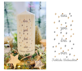 Adventskranzkerze Kalenderkerze 1-4 * Elanor 1 * Geschenk Kerze zum Advent gold & silber Sternen + Zahlen + fröhliche Weihnachten + Zahlen