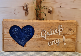 Unikat! Altholzbrett "Griaß eng!" mit blauem Herz aus Epoxidharz groß