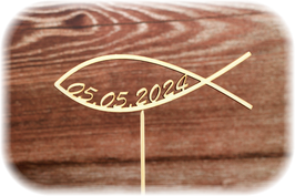 Tortentopper / Blumenstecker „Fisch + personalisiertem Datum" aus hochwertigem Pappelsperrholz
