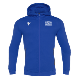 MACRON Cello Zip-Hoodie royal blau mit großem weißen TSGO Basketball-logo und Wunschname