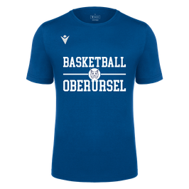 MACRON Boost Eco T-Shirt royal blau mit weißem TSGO Basketball-logo und Wunschname
