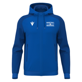 MACRON Chronos Zip-Hoodie royal blau mit kleinem weißen TSGO Basketball-Logo und Wunschname