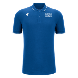 MACRON Comedy Eco Polo-Shirt royal blau mit kleinem weißem TSGO Basketball-logo und Wunschname
