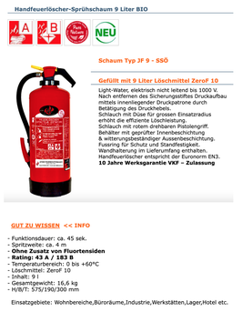 Handfeuerlöscher-Sprühschaum 9 Liter BIO
