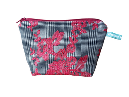 Kosmetiktasche Glencheck mit floraler Stickerei