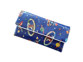 Geldbörse Atomic Age mit Sputnik Weltall Design blau / Kellnerportemonnaie / Brieftasche / Novelty Fabric / Vintage Motiv