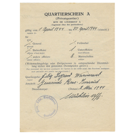 Duits Document - Quartierschein A (Inkwartiering) - 1944