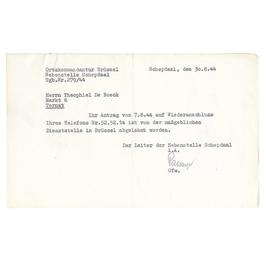 Duits Document – Afwijzing Telefoonaansluiting Ternat/Schepdaal – 1944
