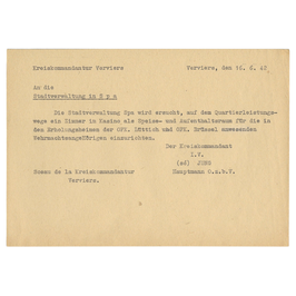 Duits Document – Inrichting Wehrmacht-verblijf Kasino Spa – 1942