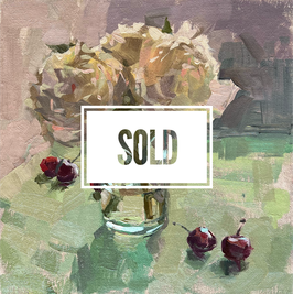 Peonies and cherries on a green cloth