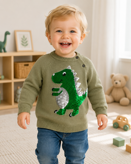 Mod. INT 240229 Suéter verde con Dino baby plateado