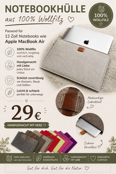 Notebookhülle aus 100 % Wollfilz – passend für 13 Zoll Notebooks