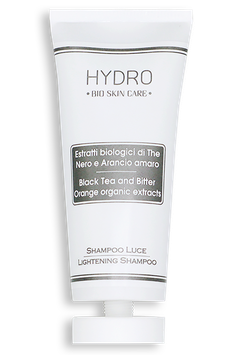 Shampoo Luce di Hydro Bio Skin Care con estratti biologici di Thè nero e Arancio amaro in tubo one-piece da 40ml.