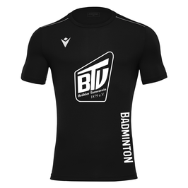 MACRON Rigel Hero Sport-Shirt schwarz kurzarm mit großem Brühler TV Logo und Badminton-Schriftzug