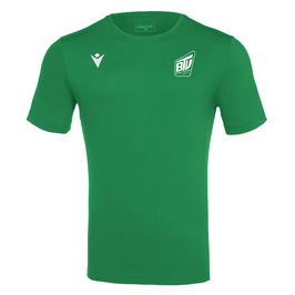 MACRON Boost Hero T-Shirt grün mit kleinem Brühler TV Logo und Trampolin-Druck