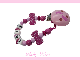 Schnullerkette mit Namen -  zwei Schleifen und Babyfüsschenclip rosa/pink 1210