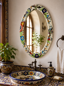 Mexikanischer Talavera Spiegel „Kolibri“ 61x41 cm Wandspiegel Handbemalt