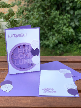 Einschulungskarte Schüttelkarte lila