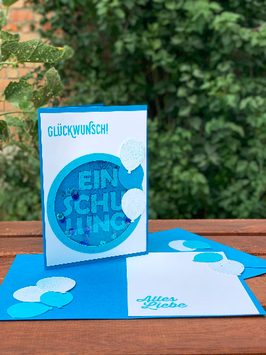 Einschulungskarte Schüttelkarte türkis