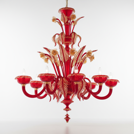 Lehar lampadario 8 luci in vetro di Murano rosso oro