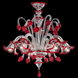 Lampadario Rosso Valentino 6 luci in vetro di Murano con tulipani rossi