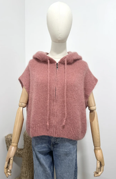 GILET A ZIP MANCHES COURTES EN KID MOHAIR VIEUX ROSE