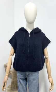 GILET A ZIP MANCHES COURTES EN KID MOHAIR MARINE