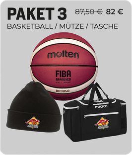 Kangaroos Paket 3 mit Molten BG3850 Basketball, Iserlohn Kangaroos Mütze schwarz und MACRON Trip Sporttasche schwarz