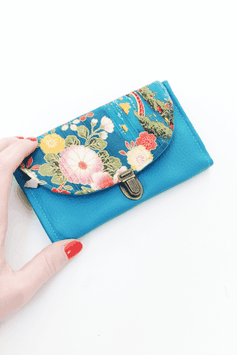 Porte monnaie turquoise fleurs japonais