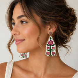 Boho Ohrstecker Blume WEISS-Rose-Altrosa-Grün