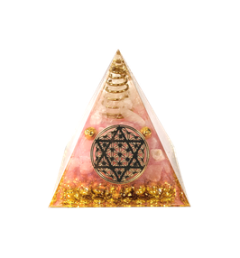 Piramide orgonite in quarzo rosa e cristallo di rocca