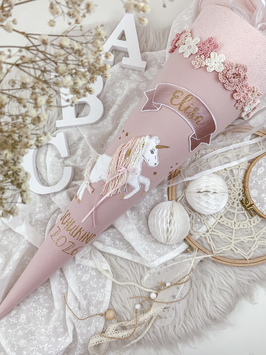 Schultüte Einhorn altrosa/rosé gold mit Blumenbordüre und Glitzertüll „Elisa“