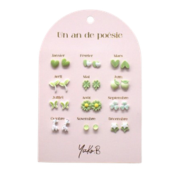 YUKO B - Ensemble de 12 paires de boucles d'oreilles en céramique - Un An de Poésie Verte