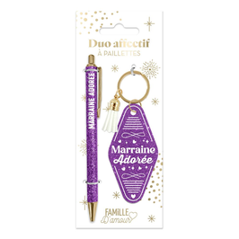 Duo à paillettes Porte-cles motel et stylo "Marraine adorée"