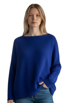Girocollo Donna   Pura Lana Punto Stoffa Blu Eletrico